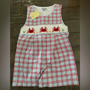 CLASSY COUTURE NWT Seersucker Hand Smocked Crab Romper Unisex Size 24‎ months